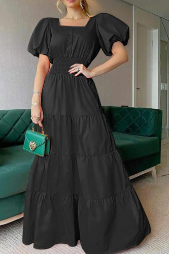 Black Casual Solid Patchwork Square Collar Cake Skirt Dresses