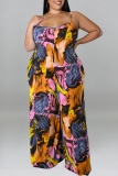 Pink Sexy Casual Print Patchwork Spaghetti Strap Plus Size Jumpsuits
