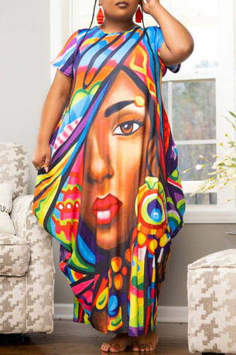Blue Fashion Casual Print Basic O Neck Short Sleeve Dress Plus Size Dresses