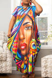 Multicolor Fashion Casual Print Basic O Neck Short Sleeve Dress Plus Size Dresses