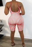 Red Sexy Plaid Print Patchwork Spaghetti Strap Regular Rompers