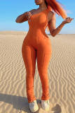 Orange Fashion Casual Print Backless One Shoulder Skinny Jumpsuits