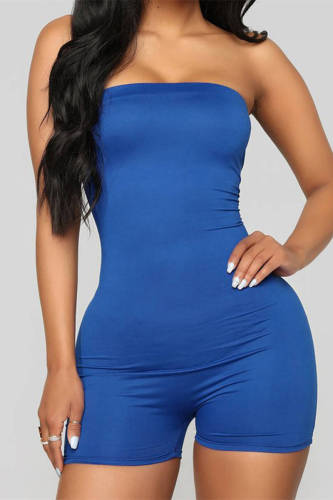 Blue Fashion Casual Solid Backless Strapless Skinny Romper