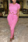 Pink Casual Solid Split Joint Slit Asymmetrical O Neck Short Sleeve Two Pieces