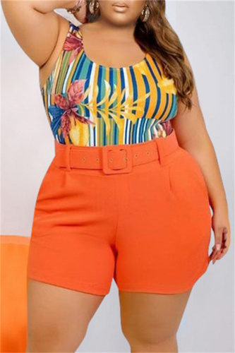 Orange Fashion Casual Print Backless U Neck Plus Size Two Pieces