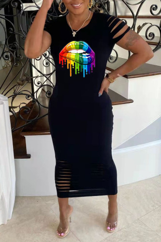 Black Casual Print Hollowed Out Patchwork O Neck Dresses