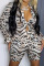 Leopard Print Casual Print Patchwork Buckle Turndown Collar Long Sleeve Two Pieces