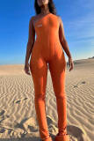 Orange Fashion Casual Print Backless One Shoulder Skinny Jumpsuits
