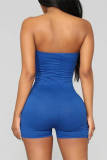 Blue Fashion Casual Solid Backless Strapless Skinny Romper