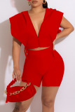 Red Sexy Solid Patchwork Zipper Hooded Collar Sleeveless Two Pieces