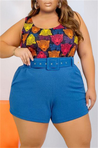 Blue Fashion Casual Print Backless U Neck Plus Size Two Pieces