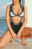 White Fashion Sexy Letter Patchwork Hollowed Out Backless Swimwears (With Paddings)