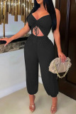 Green Sexy Solid Hollowed Out Patchwork Spaghetti Strap Straight Jumpsuits