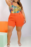 Orange Fashion Casual Print Backless U Neck Plus Size Two Pieces
