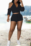 Black Fashion Casual Solid Hollowed Out Hooded Collar Long Sleeve Two Pieces