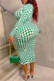 White Green Fashion Casual Plaid Print Basic Turtleneck Long Sleeve Plus Size Dresses