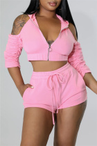 Pink Fashion Casual Solid Hollowed Out Hooded Collar Long Sleeve Two Pieces