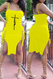 Yellow Fashion Sexy Print Bandage Slit Spaghetti Strap Sleeveless Dress