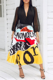 Yellow Fashion Casual Print Fold Regular High Waist Pleated Skirt