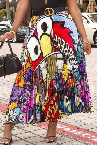 Multicolor Fashion Casual Print Fold Regular High Waist Pleated Skirt