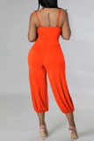 Coffee Sexy Solid Hollowed Out Patchwork Spaghetti Strap Straight Jumpsuits