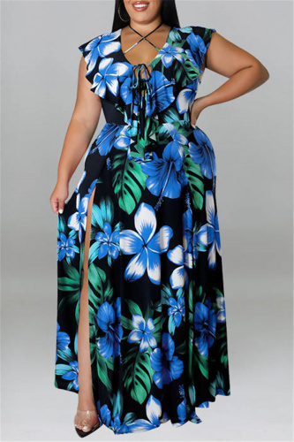 Blue Fashion Sexy Plus Size Print Bandage Slit V Neck Long Dress