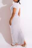 White Casual Solid Patchwork Draw String Slit O Neck Straight Dresses