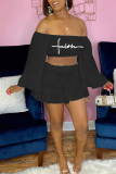 Black Fashion Print Flounce Off the Shoulder Long Sleeve Two Pieces