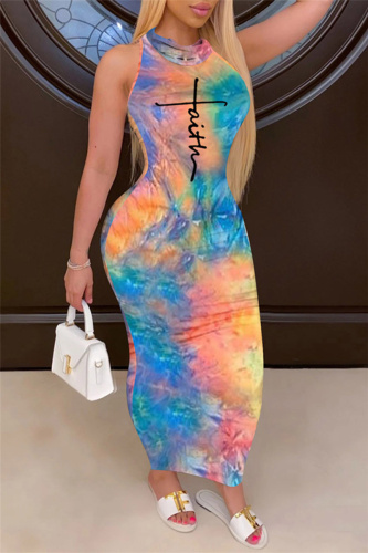 Orange Blue Fashion Casual Print Tie-dye Turtleneck Sleeveless Dress Dresses