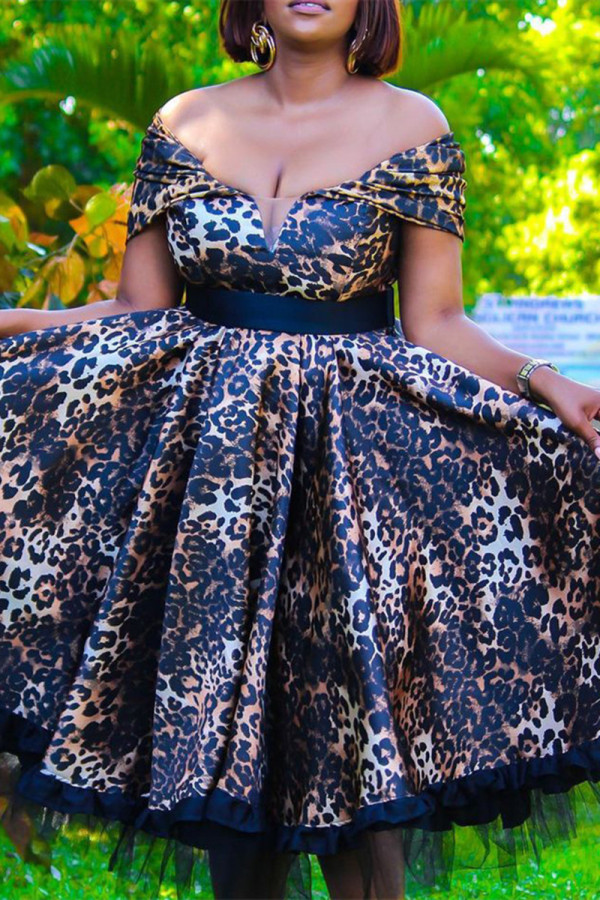 Multicolor Fashion Casual Print Leopard Patchwork V Neck Short Sleeve Dress Dresses