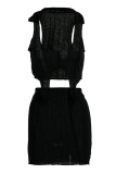 Black Sexy Solid Patchwork Asymmetrical Halter Sleeveless Two Pieces