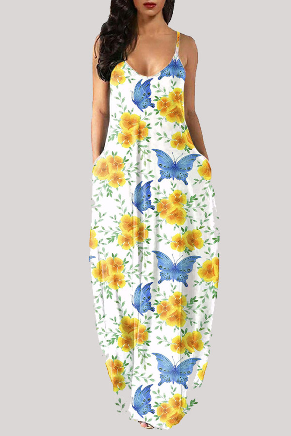 Yellow Fashion Sexy Casual Butterfly Print Backless Spaghetti Strap Long Dress Dresses