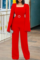 Red Fashion Casual Solid Split Joint Beading Square Collar Regular Jumpsuits