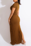 Coffee Casual Solid Patchwork Draw String Slit O Neck Straight Dresses