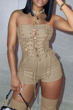 Coffee Sexy Solid Bandage Hollowed Out Patchwork Strapless Regular Rompers