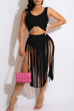 Pink Sexy Solid Tassel Patchwork U Neck Sleeveless Two Pieces
