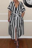Black Fashion Casual Striped Print Bandage V Neck Shirt Dress Dresses