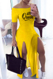 Golden Yellow Fashion Casual Print Slit Off the Shoulder Short Sleeve Dress Dresses