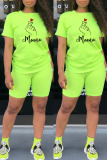 Fluorescent Green Fashion Casual Print Basic O Neck Short Sleeve Two Pieces