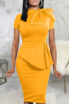 Yellow Casual Solid Patchwork Asymmetrical With Bow O Neck One Step Skirt Dresses