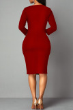 Red Casual Elegant Print Patchwork Slit Asymmetrical Collar One Step Skirt Dresses