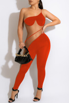 Orange Sexy Solid Split Joint See-through Oblique Collar Regular Jumpsuits