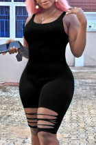 Black Fashion Sexy Patchwork Hole Burn-out Hollow Solid Sleeveless O Neck Jumpsuits