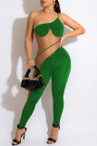 Green Sexy Solid Patchwork See-through Oblique Collar Regular Jumpsuits