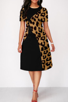 Leopard Print Casual Leopard Bandage Patchwork O Neck A Line Dresses