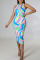 Multicolor Celebrities Print Split Joint O Neck One Step Skirt Dresses