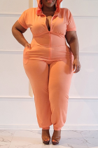 Tangerine Red Casual Solid Split Joint Hooded Collar Plus Size Jumpsuits