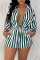 Green Fashion Casual Striped Print Basic Turndown Collar Short Sleeve Two Pieces