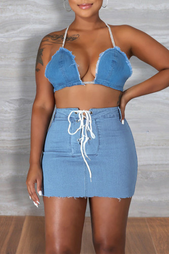 Light Blue Fashion Casual Solid Bandage Patchwork High Waist Regular Denim Skirts