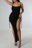 Black Fashion Sexy Solid Draw String Frenulum Slit Spaghetti Strap Long Dress Dresses